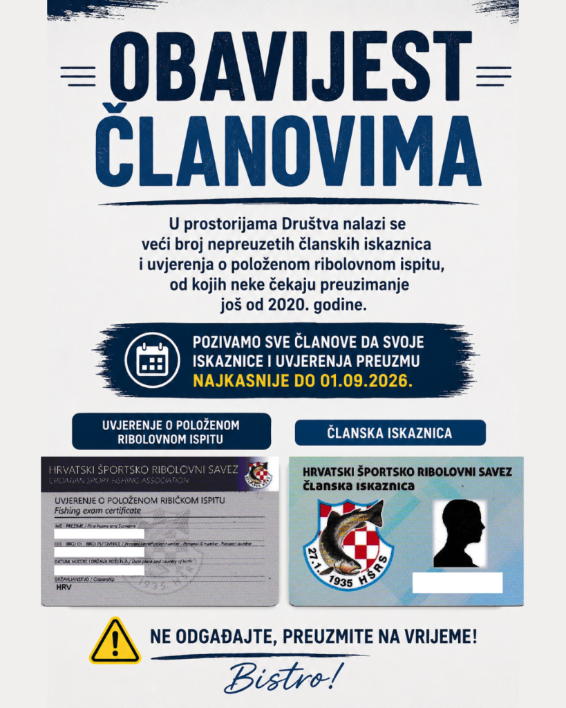 Obavijest članovima RD Šaran Proložac o preuzimanju članskih iskaznica i uvjerenja